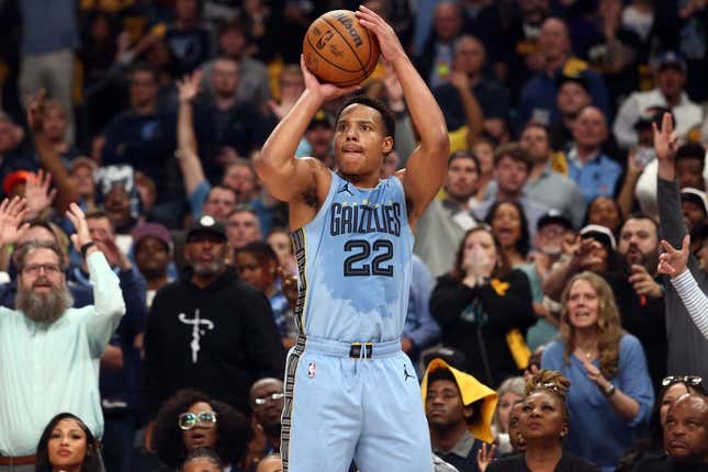 Apr 26, 2023; Memphis, TN, USA; Memphis Grizzlies guard Desmond Bane (22) in the second half against Los Angeles in Game 5 of the 2023 NBA Playoffs at FedEx Forum The Lakers made a three-pointer in the game.